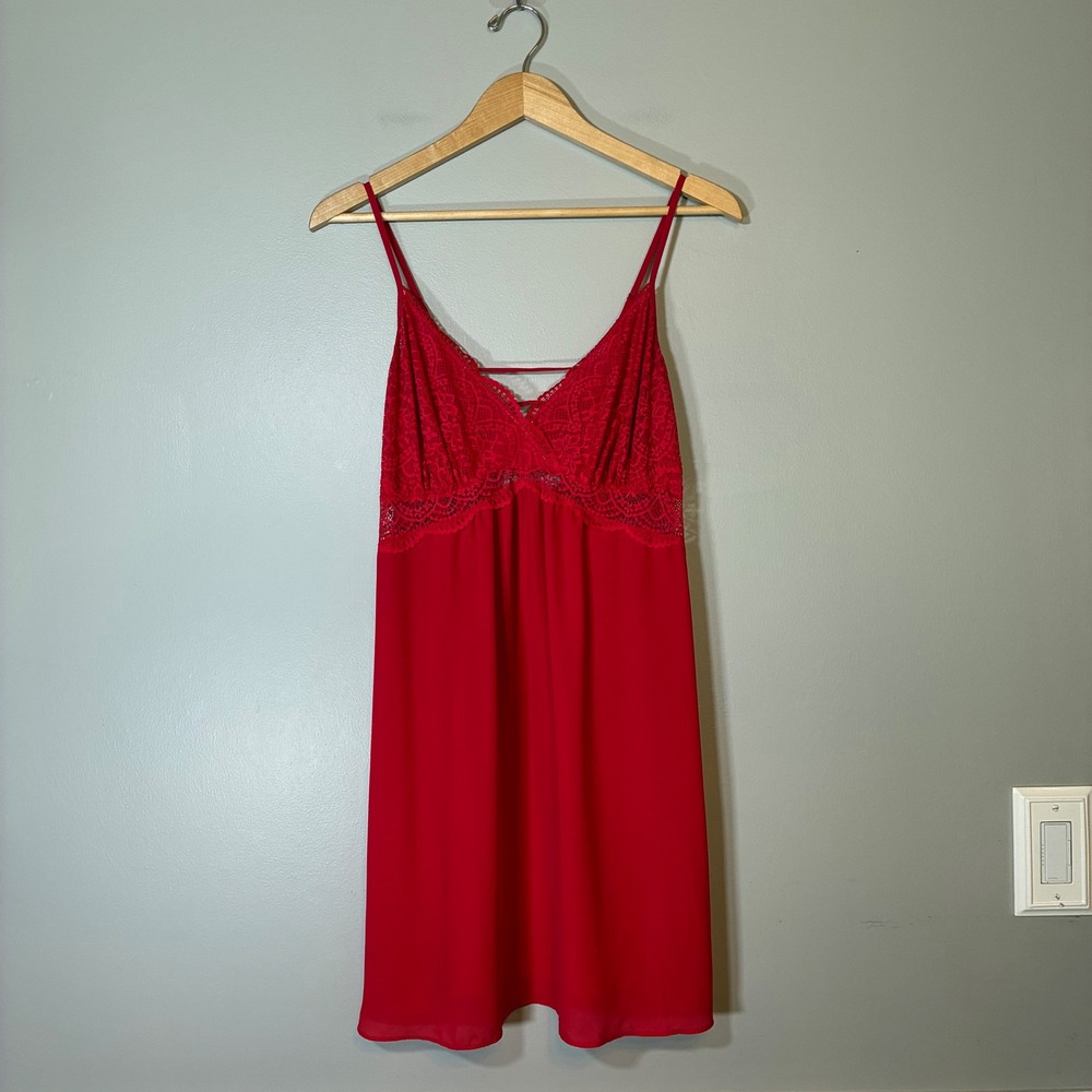 Red Lace Trim Babydoll Chemise Nightdress Strappy Back Mini Slip Dress Medium